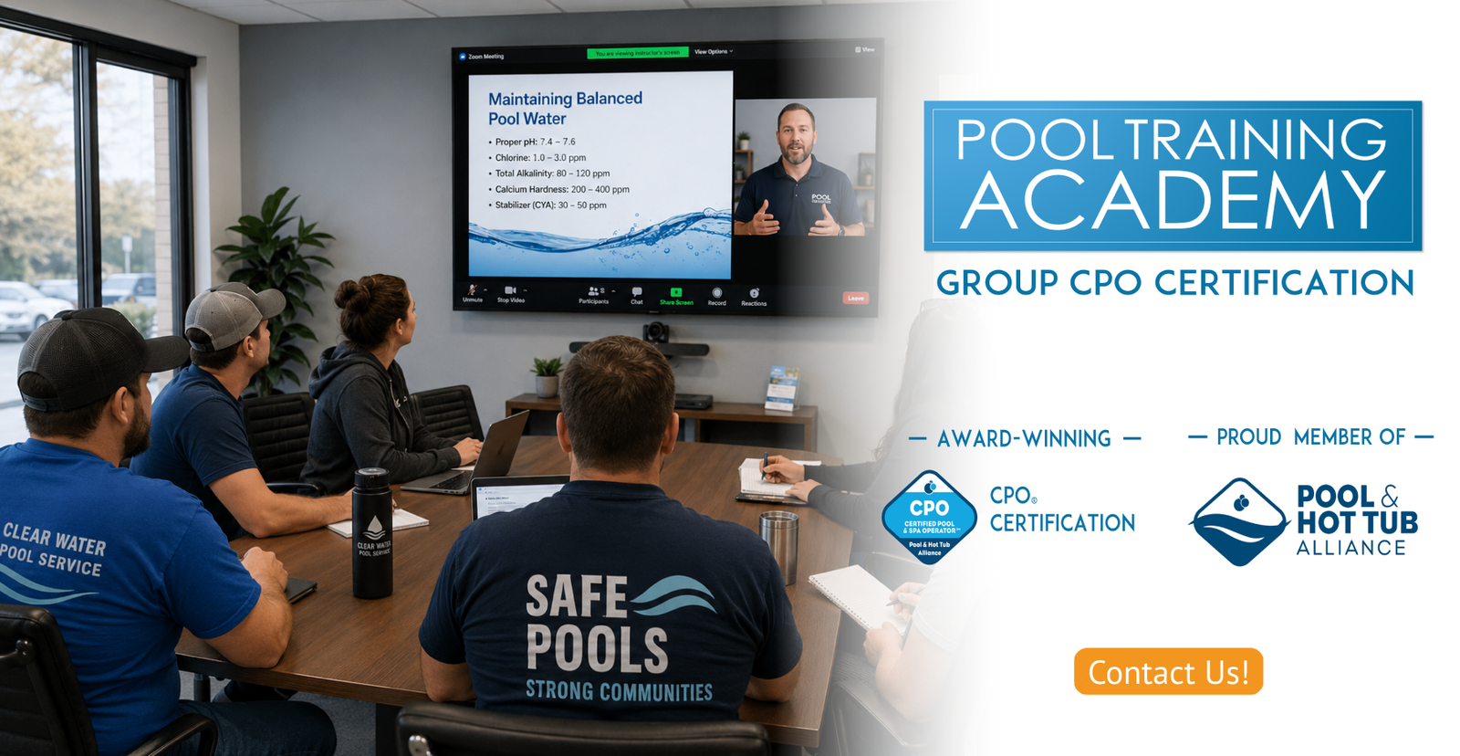 A group of pool training professionals seated around a conference table in a modern office, facing a large screen showing a virtual instructor. The right side of the image features promotional text for 'Pool Training Academy Group CPO Certification' with logos for 'Safe Pools Strong Communities' and 'Pool & Hot Tub Alliance'.
