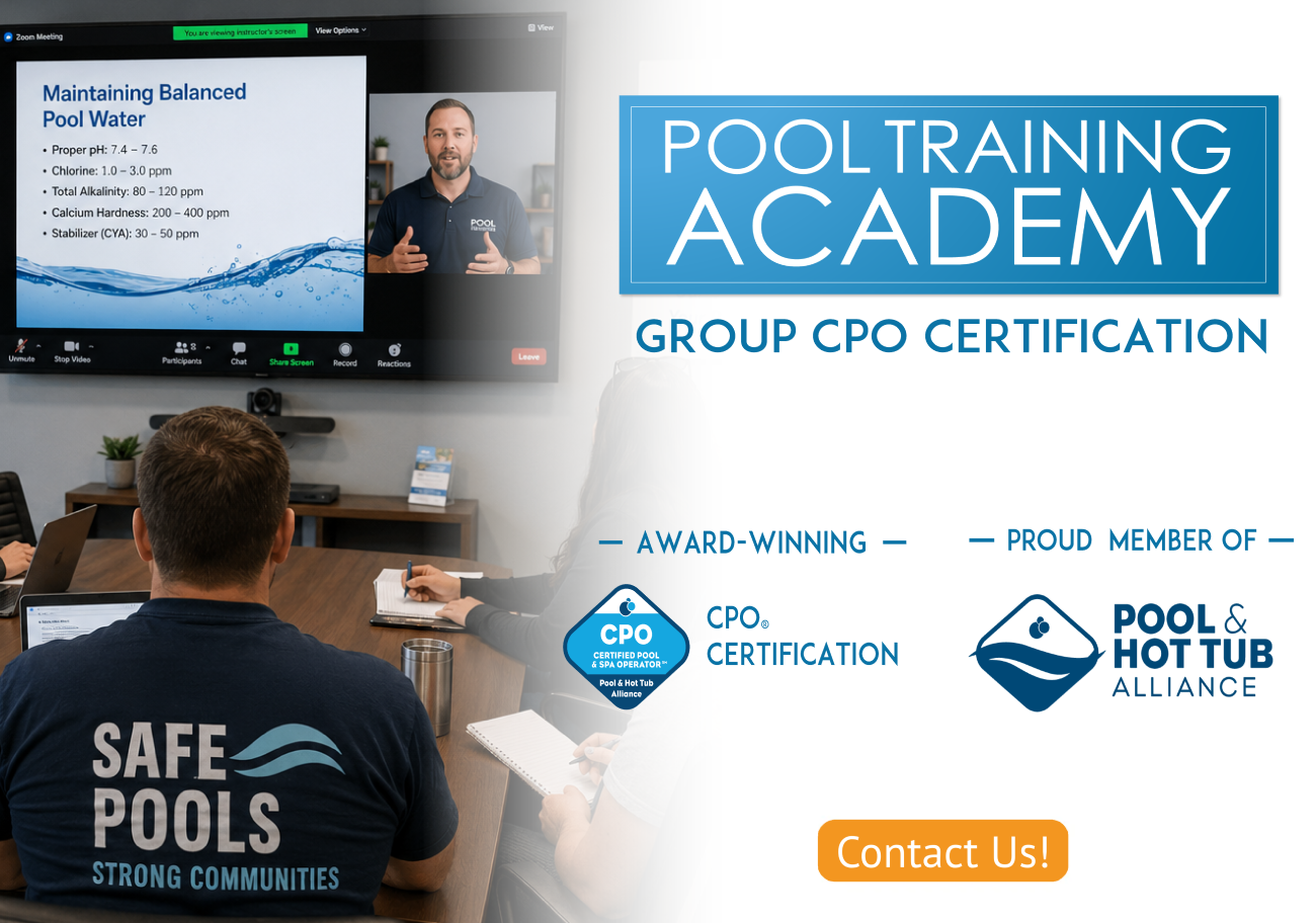 Promotional graphic for Pool Training Academy Group CPO Certification, showing a presenter on a video conference screen, a participant seen from behind wearing a Safe Pools Strong Communities shirt, and certification logos on a white background.